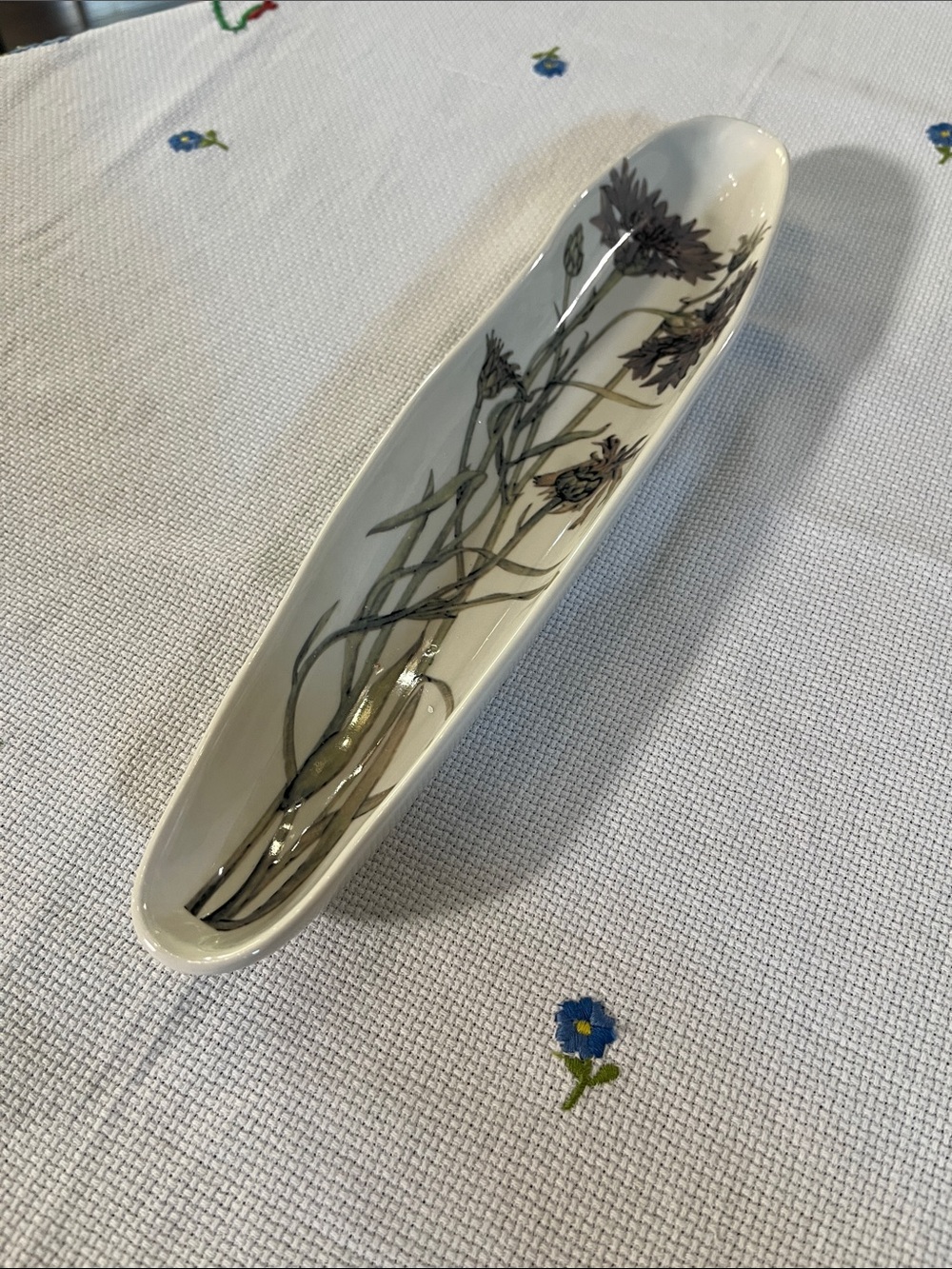 Decorative Ceramic Long Tray with Floral Motif - White